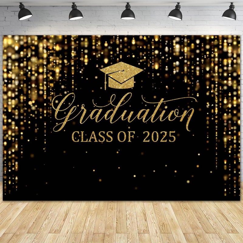 Msocio 8x6ft Polyester Black Congrats Graduation Backdrop Class of 2025 Photography Background Gold Bachelor Cap Celebration Party Decorations Banner Picture Photo Booth - Image 1